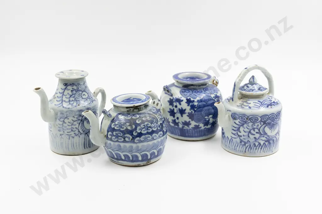Four 19th Century Blue and White Porcelain Tea Pots Image 1++