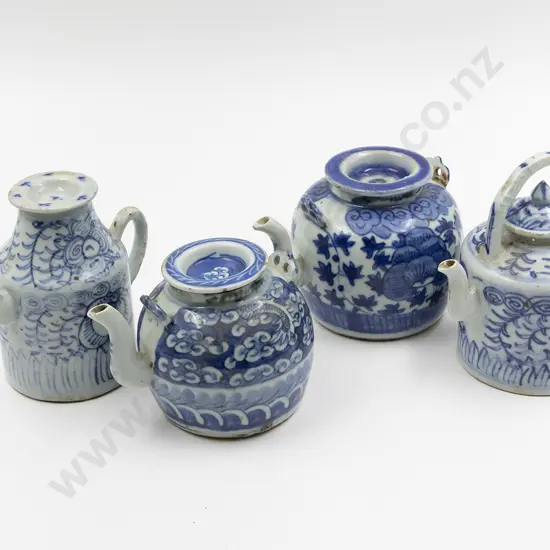 Four 19th Century Blue and White Porcelain Tea Pots