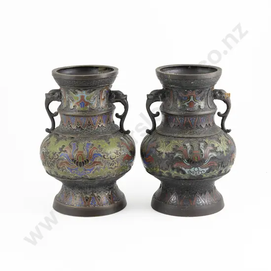 Pair Of Chinese Bronze Champlevé Vases