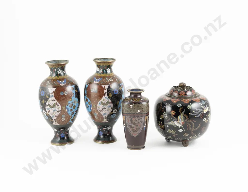 A Pair of Meiji Period Cloisonne Vases Together With A Censer And Small Vase Image 1++