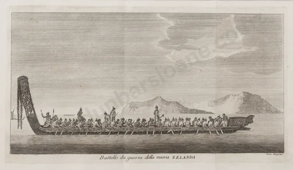 A Framed Engraving "Battello da guerra della nuova Zelanda" Image 1++