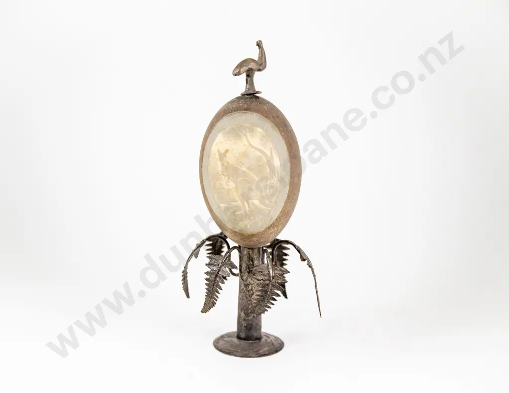 An Australian Carved Emu Egg On A Silver Plated Stand Image 1++