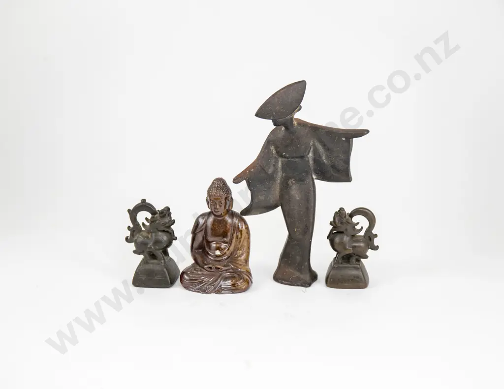 Two Chinese Opium Weights Together With A Stylised Geisha And A Buddha Image 1++