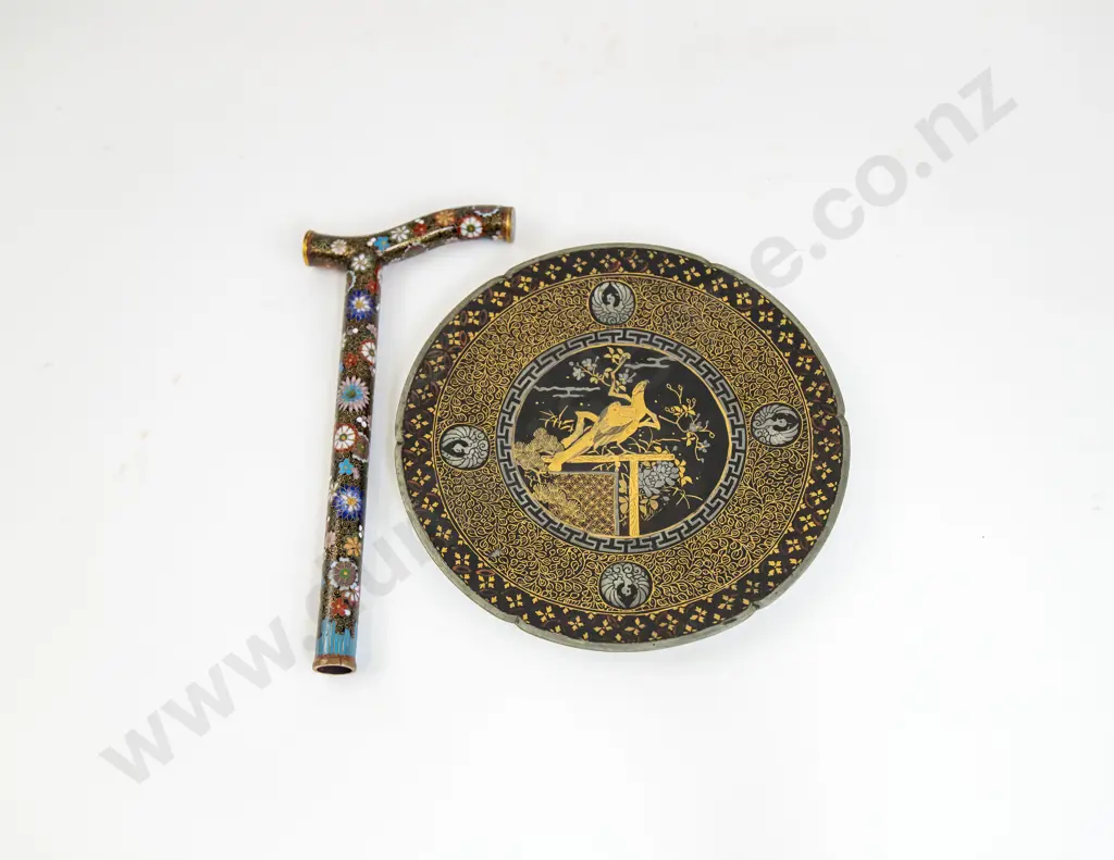 A Japanese Meiji Gold And Silver Inlaid Metal Komai Plate And A Cloisonne Parasol Handle Image 1++