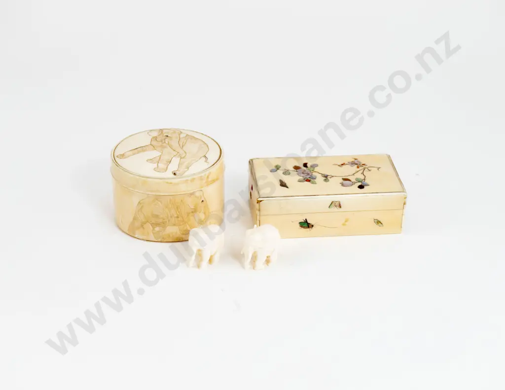 Two Small Ivory Boxes With Two Ornamental Resin Elephants Image 1++