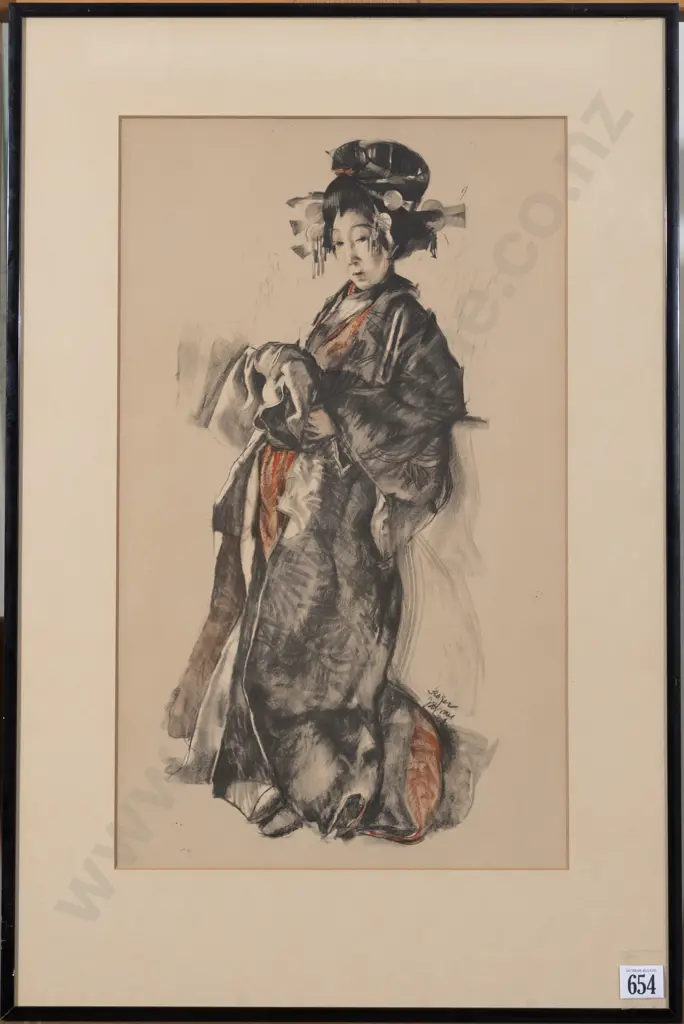 A Japanese Framed Watercolour Of A Bijin Image 1++