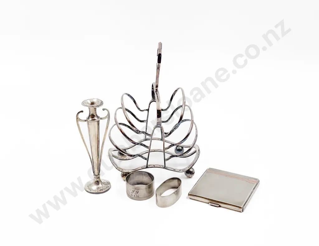 Four Pieces of S/S incl Cig Case and Small Vase together with Plated Toast Rack Image 1++