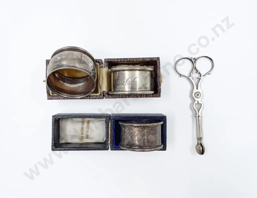Three S/S Napkin Rings and Pair Sugar Cube Tongs Image 1++