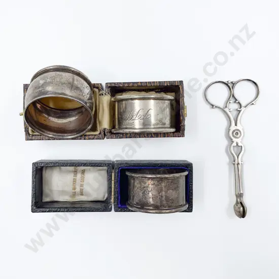 Three S/S Napkin Rings and Pair Sugar Cube Tongs