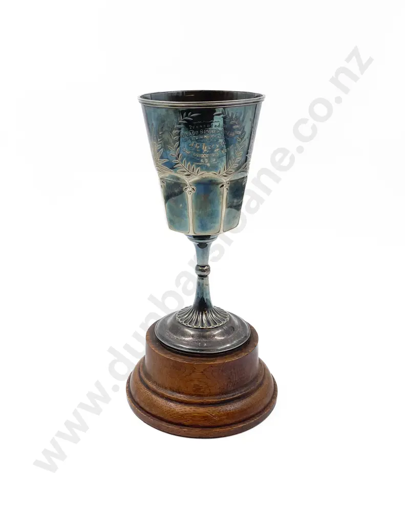S/Plate Otago Sports 1915 Boxing Trophy Cup on near matched oak stand Image 1++