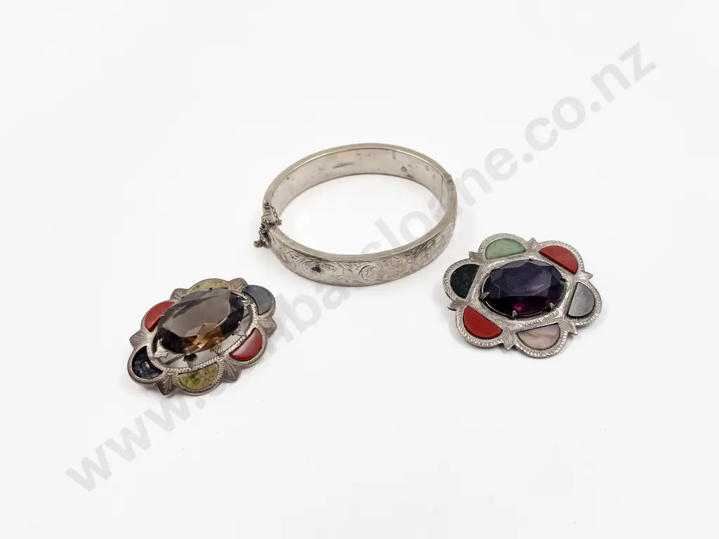 Two C1900/1920 S/S Scottish Pebble Brooches and S/S Snap Bangle Image 1++