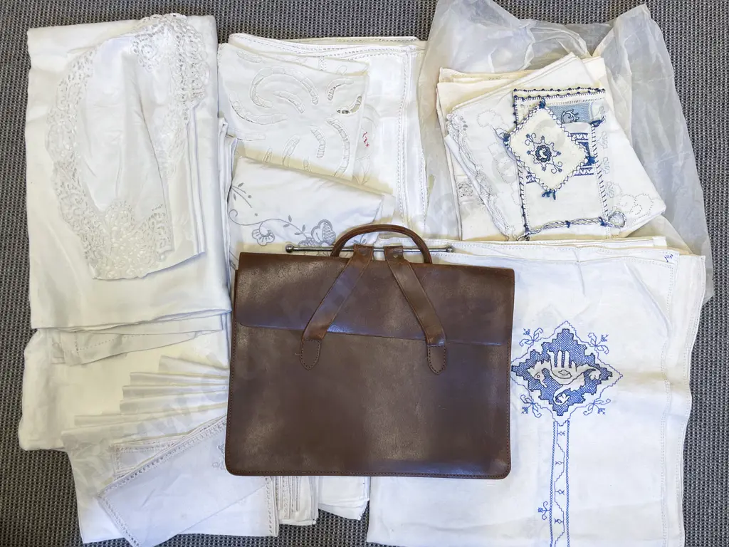 Vintage Leather Satchel with Assorted Vintage Linen Image 1++
