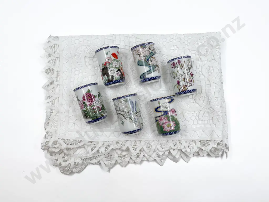 Six Fancy China Sake Cups and Pair Lace Pillowcases Image 1++