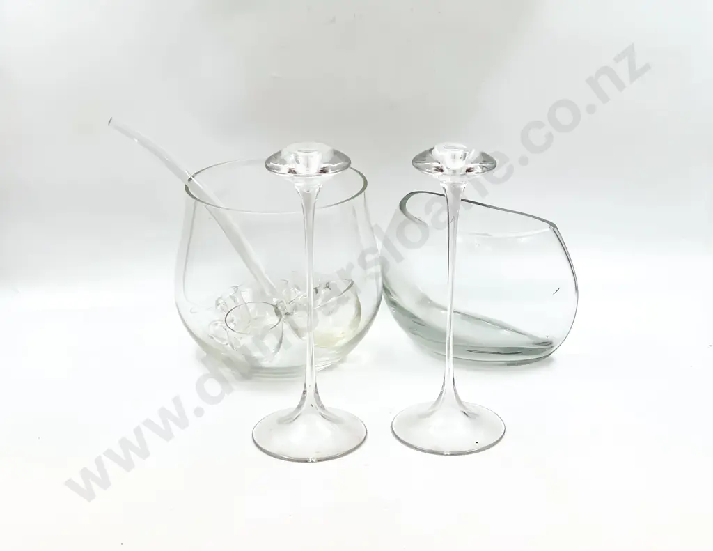 Qty of Assorted Glassware incl Punch Bowl and Pair of Candlesticks Image 1++