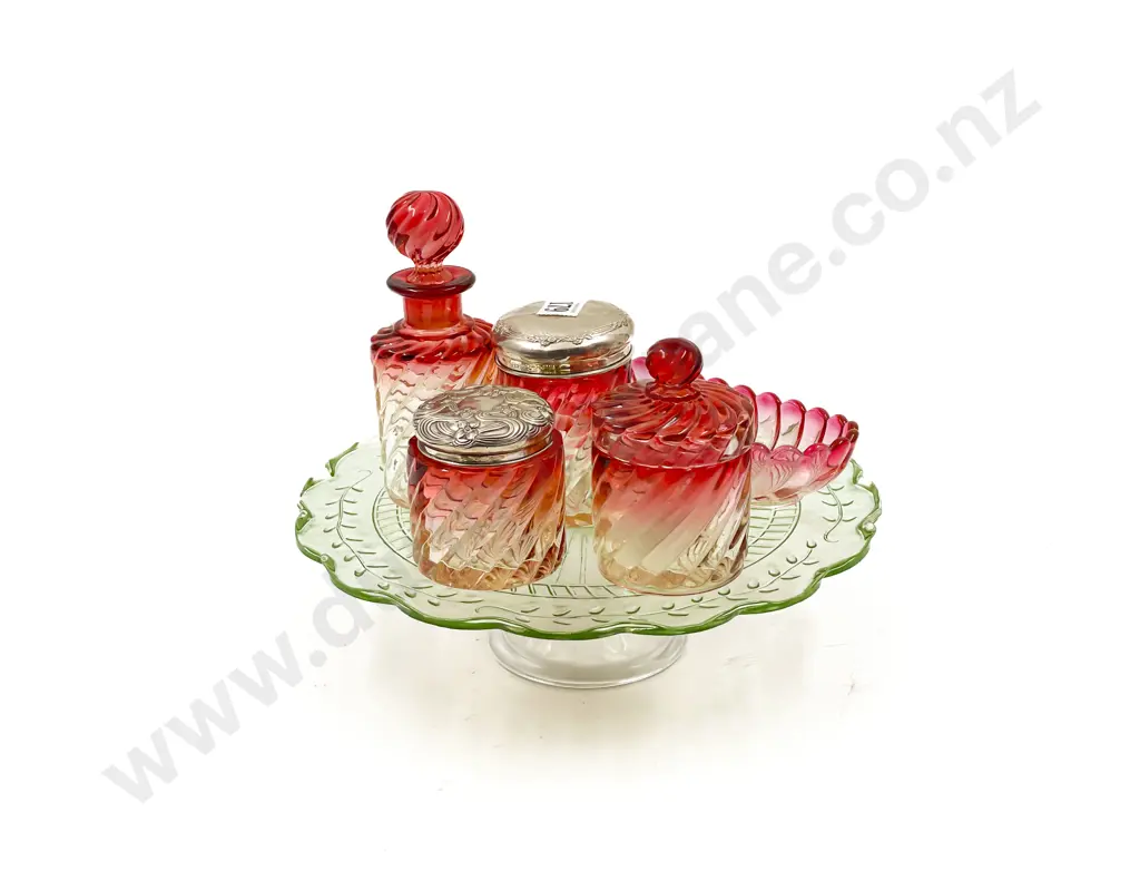 Five Piece Pressed Glass Vanity Set with Two S/S Jar Tops on Pedestal Cake Plate Image 1++