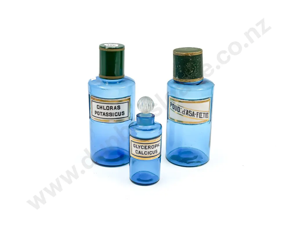 Three Vintage Blue Glass Chemist Bottles Image 1++
