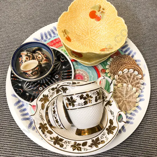 Qty of Assorted China on Decorative Tray *PHOTO CHANGE