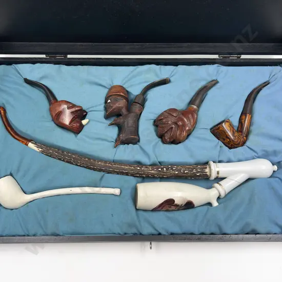 Cased Set of Six Assorted Vintage Smoking Pipes