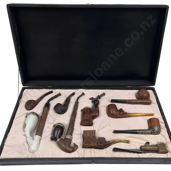 Cased Set of Ten Assorted Vintage Smoking Pipes