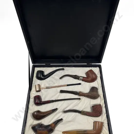 Cased Set of Nine Assorted Vintage Smoking Pipes