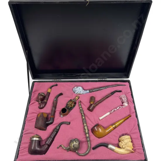 Cased Set of Ten Assorted Vintage Smoking Pipes
