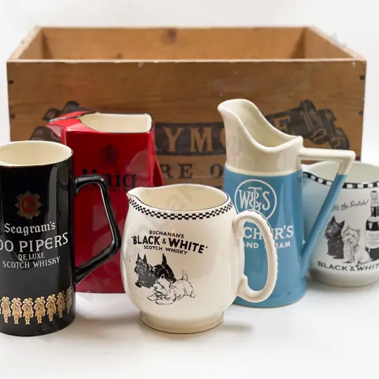 Vintage Whisky Crate with Five Assorted Whisky Jugs