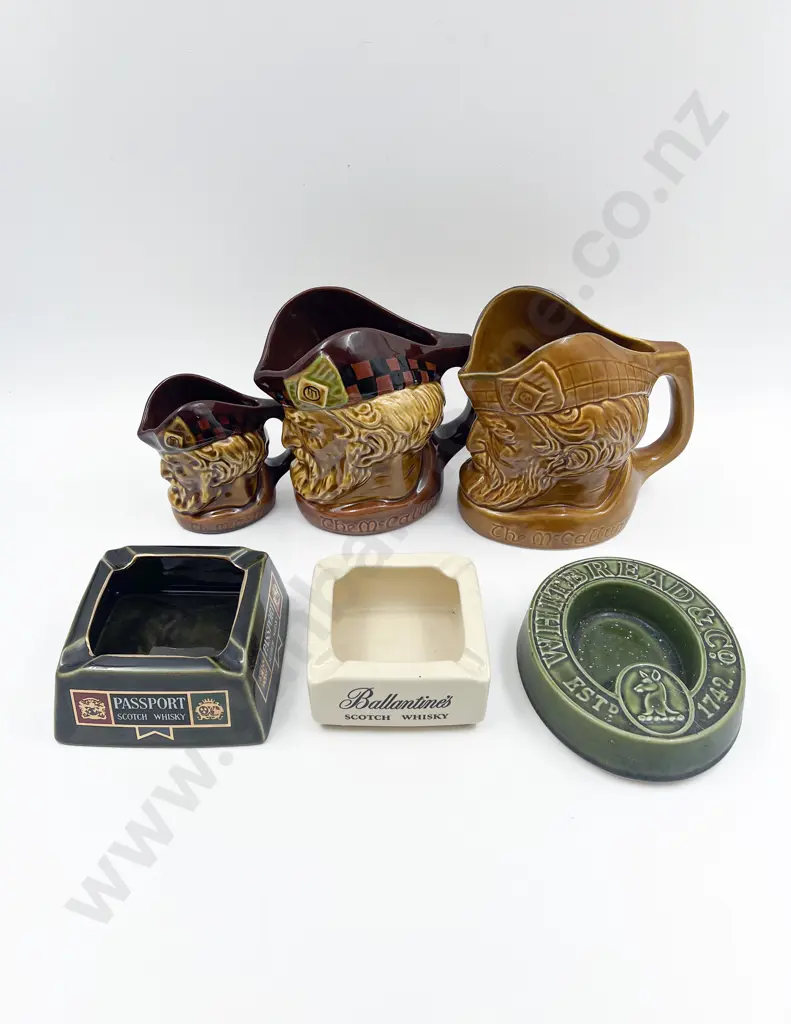 Three Assorted McCallum Whisky Jugs and Three Ashtrays Image 1++
