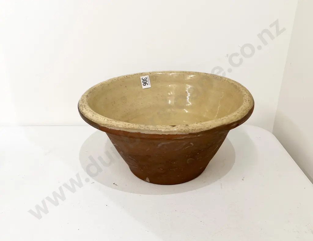 Vintage French Glazed Terracotta Dough Bowl Image 1++