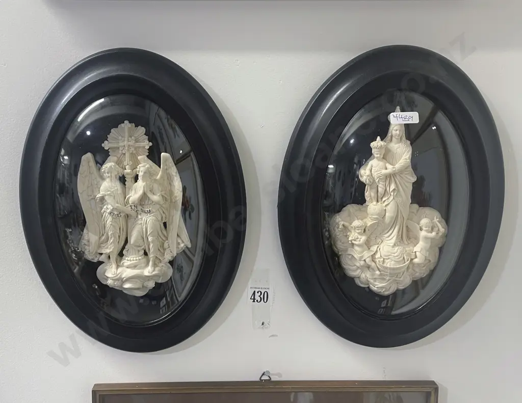 Two Repro Resin Ecclesiastical Group Figures Framed in Convex Glass Image 1++