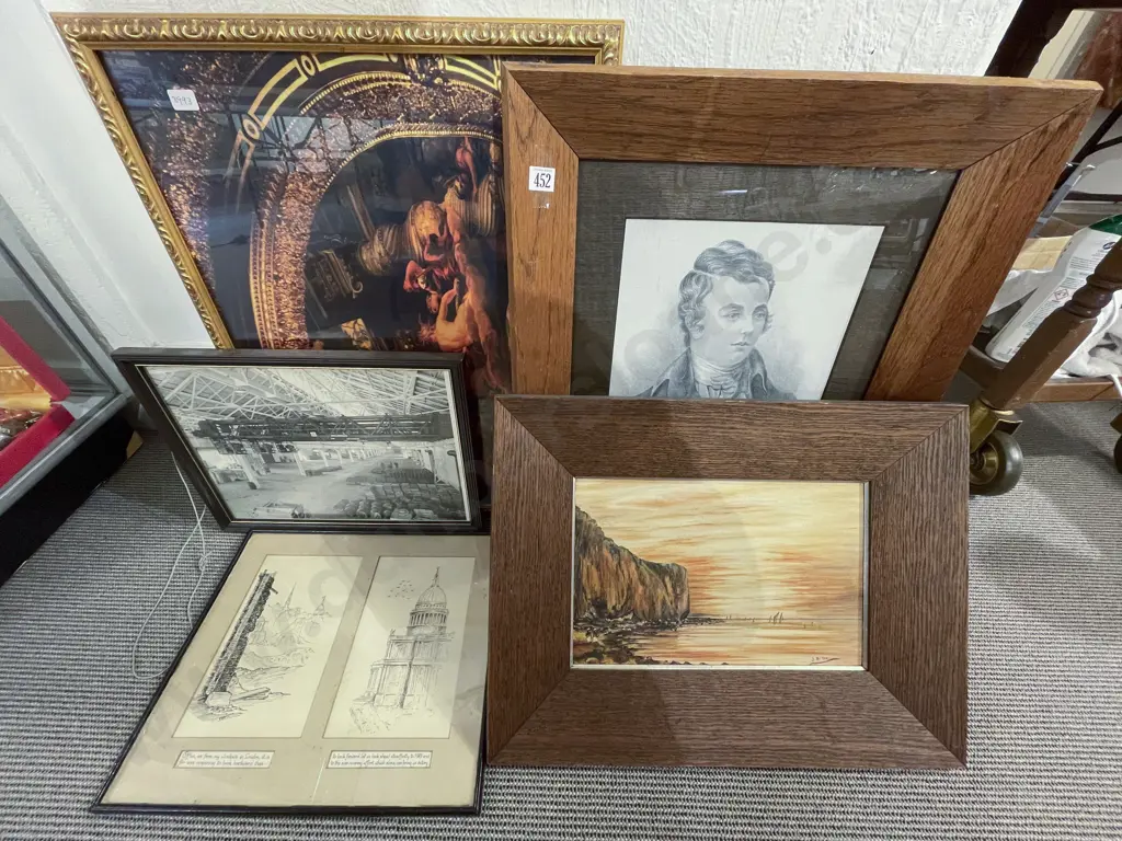 Two Oak Framed Prints together with Three Others Image 1++
