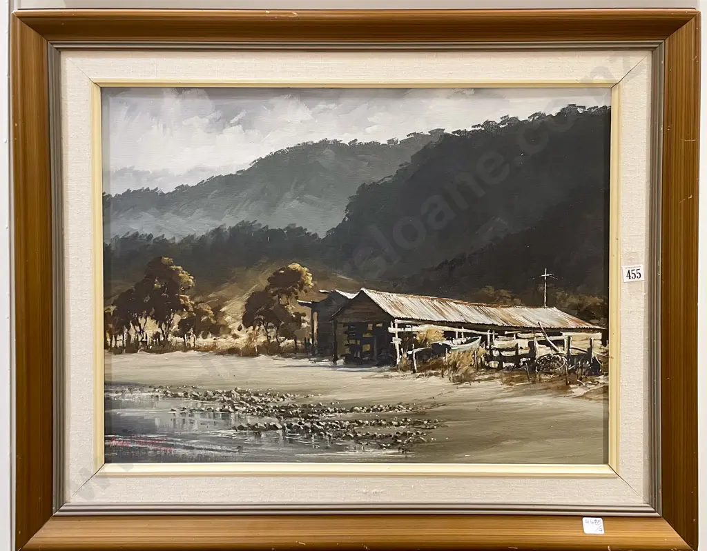 Robert Chilvers - Boatsheds Port Underwood - Oil on Board Image 1++