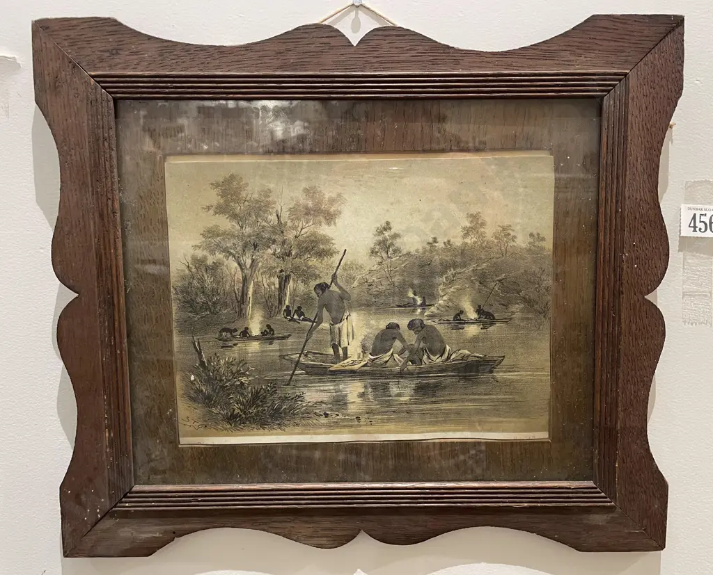 Oak Framed Coloured Bookplate with Aboriginal Motif Image 1++