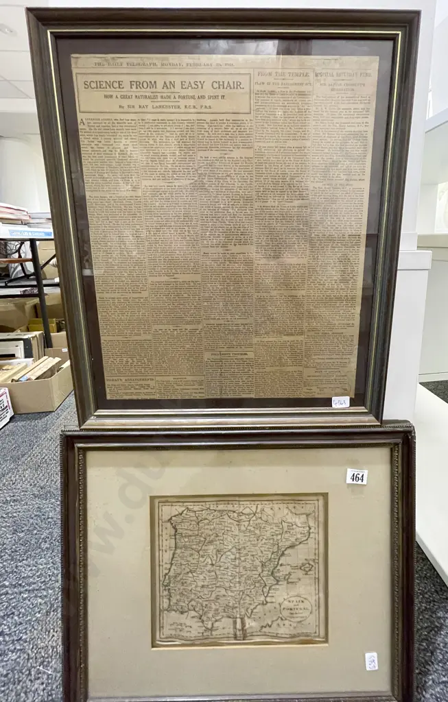 Vintage Map of Spain and Portugal together with Framed Newspaper Cutting Image 1++