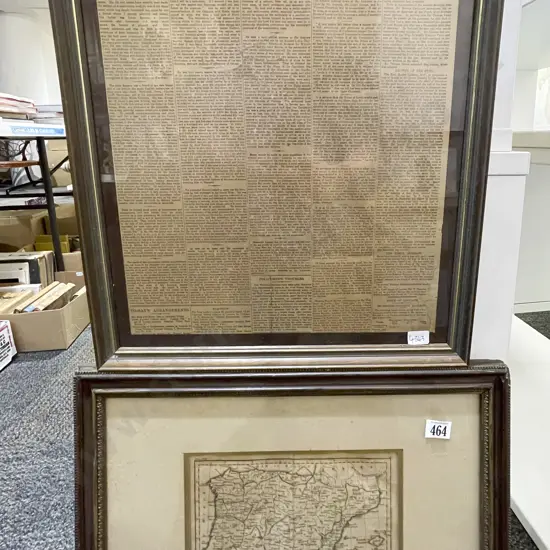 Vintage Map of Spain and Portugal together with Framed Newspaper Cutting