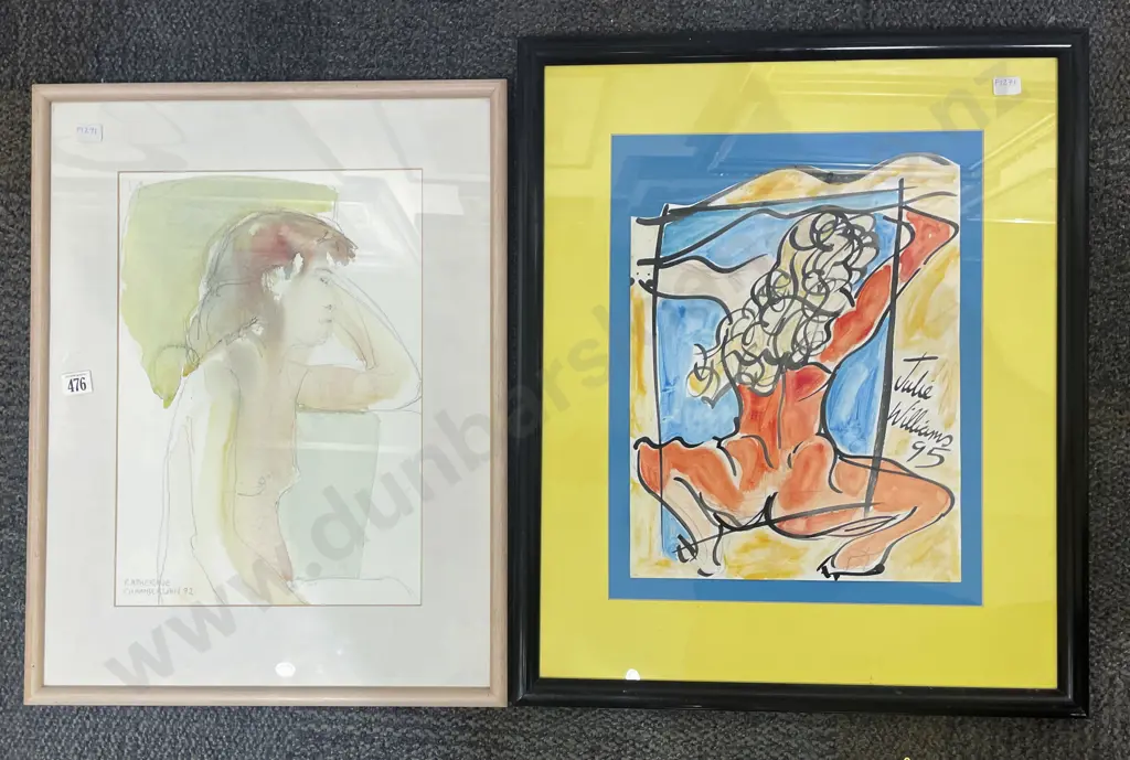 Catherine Chamberlain Nude Study Watercolour and Graphite together with Julie Williams Abstract Image 1++