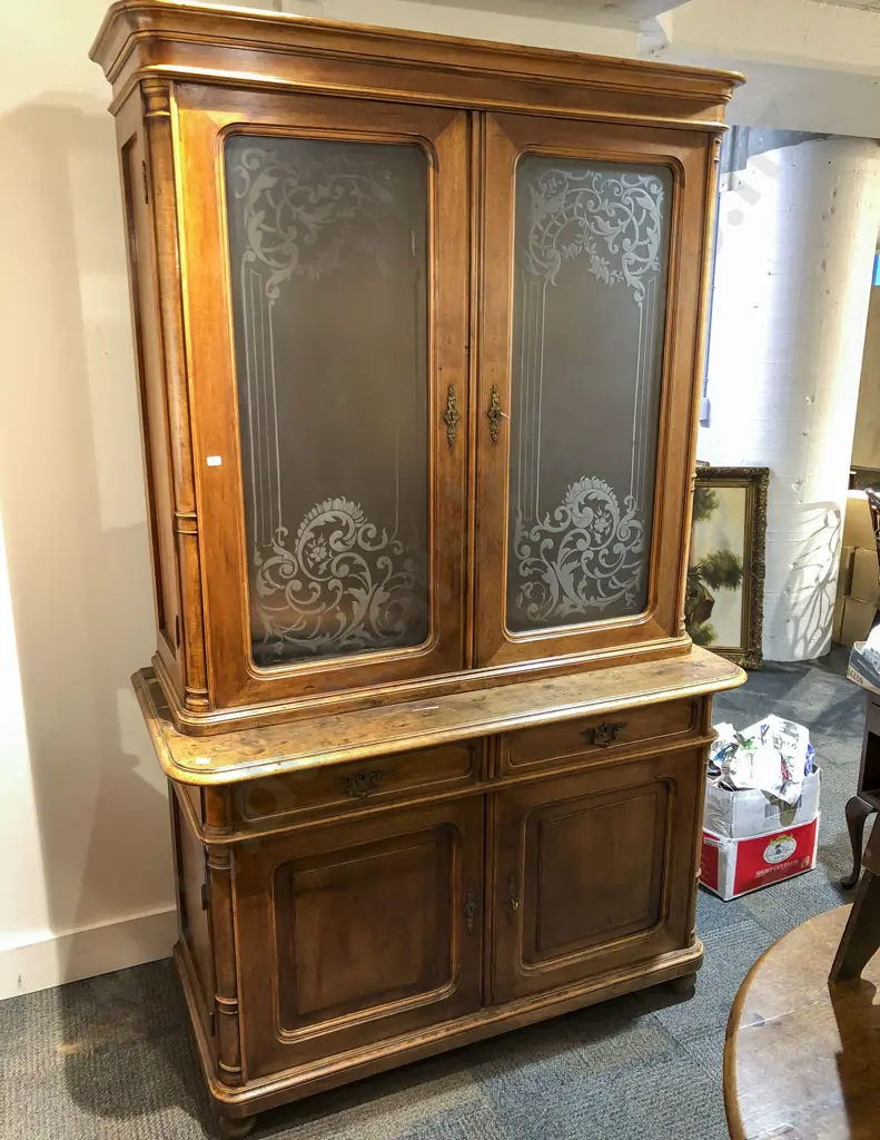 French Walnut Bookcase Cabinet with Frosted Decorative Glass Panel Doors Image 1++