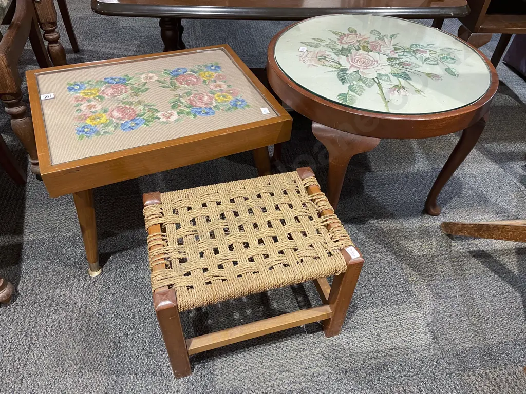 Two Tapestry Topped Coffee Tables together with Rush Top Stool Image 1++