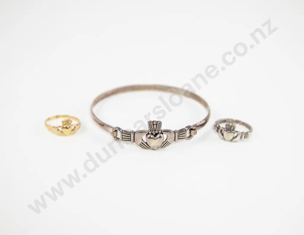 9ct Claddagh Ring together with S/S Ring and Bangle Image 1++