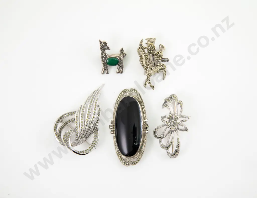 Five Silver Marcasite Brooches Image 1++