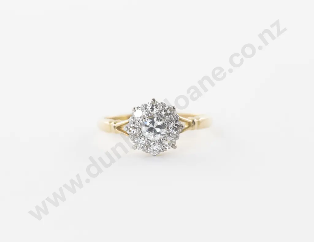 18ct Yellow Gold and Platinum Nine Stone Diamond Floret Cluster Ring Image 1++