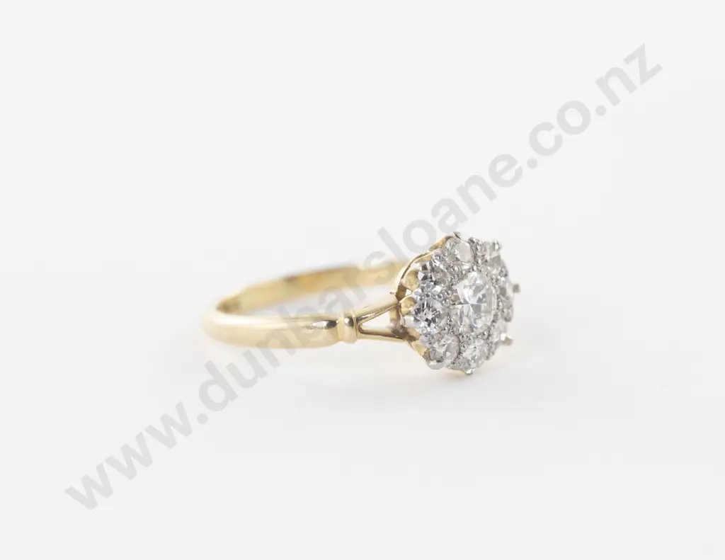 18ct Yellow Gold and Platinum Nine Stone Diamond Floret Cluster Ring Image 1++