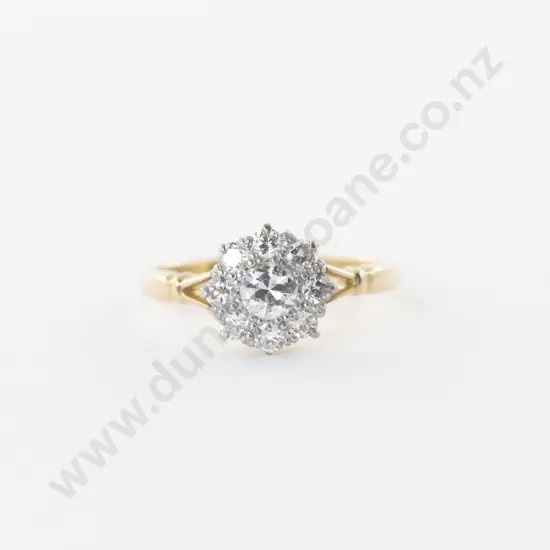 18ct Yellow Gold and Platinum Nine Stone Diamond Floret Cluster Ring