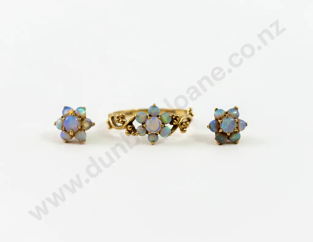9ct Seven Stone Opal Floret Cluster Ring and Matching Earrings Image 1++