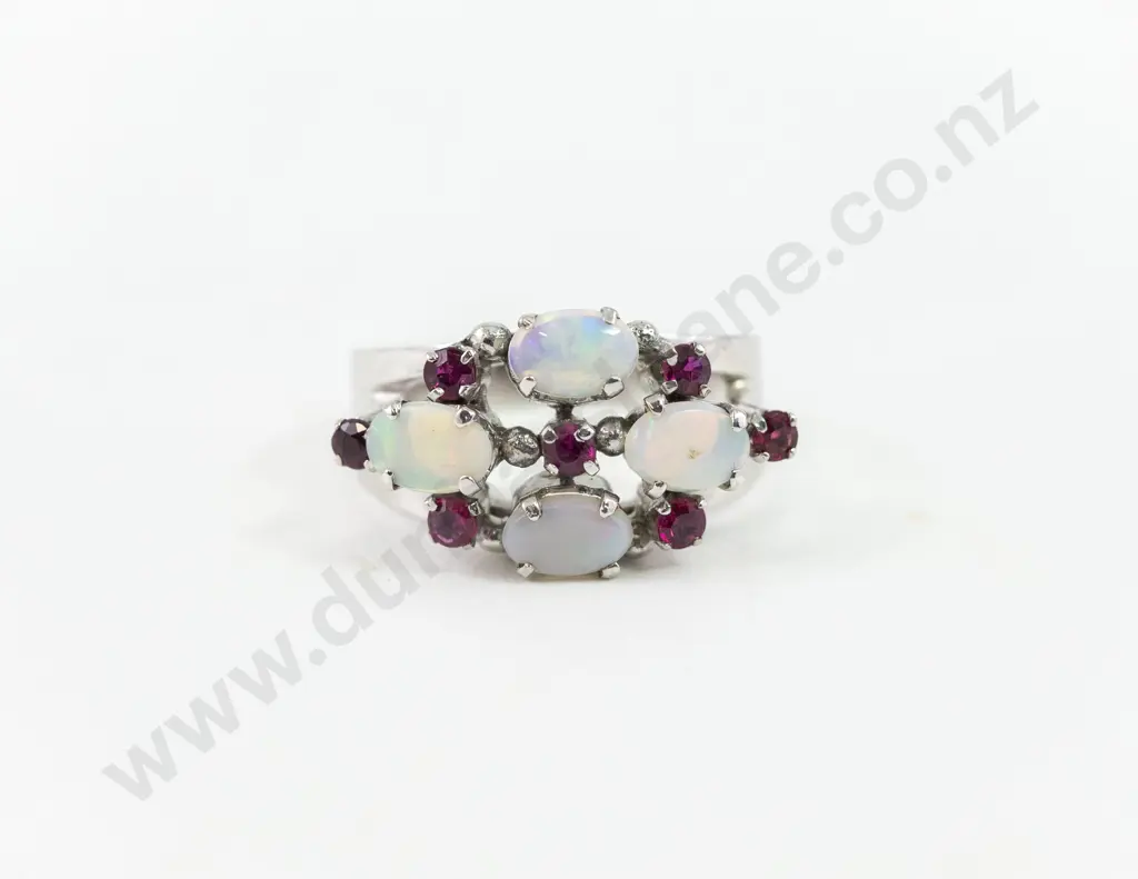 14ct White Gold Eleven Stone Opal and Ruby Dress Ring Image 1++