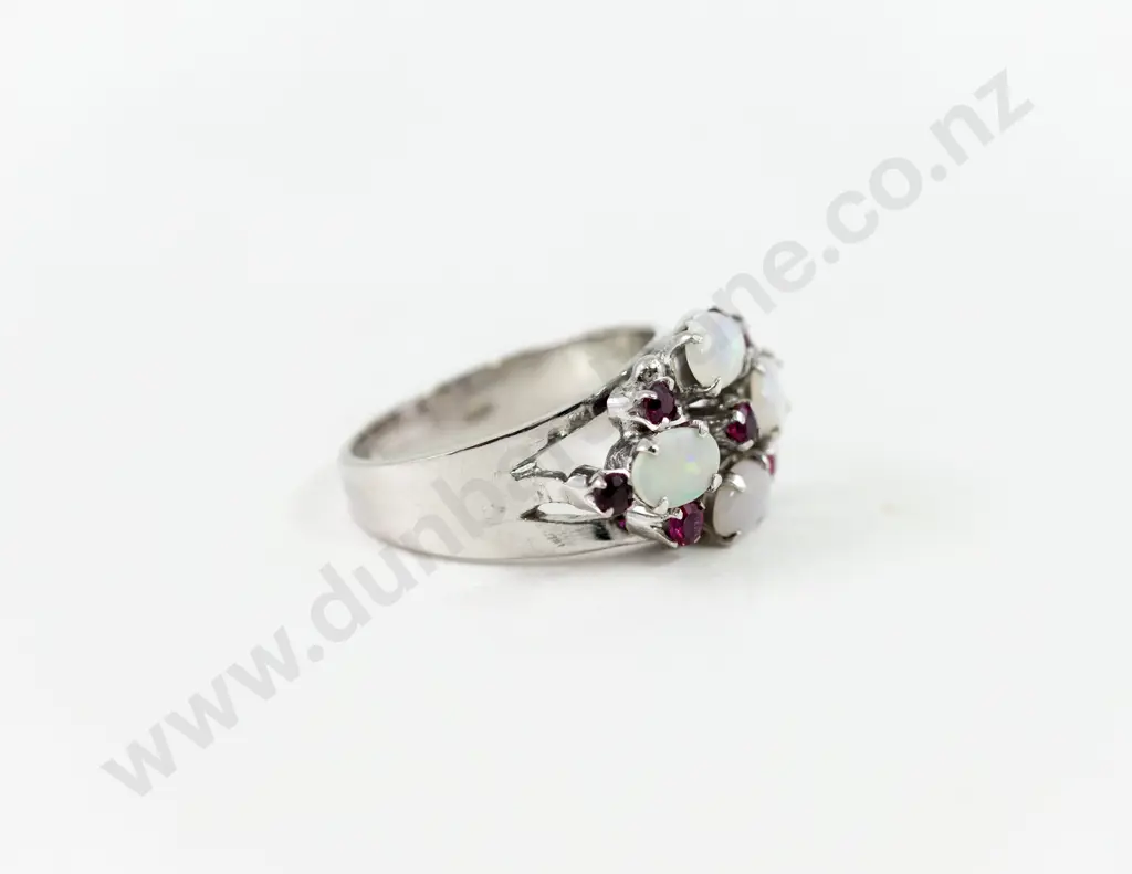 14ct White Gold Eleven Stone Opal and Ruby Dress Ring Image 1++