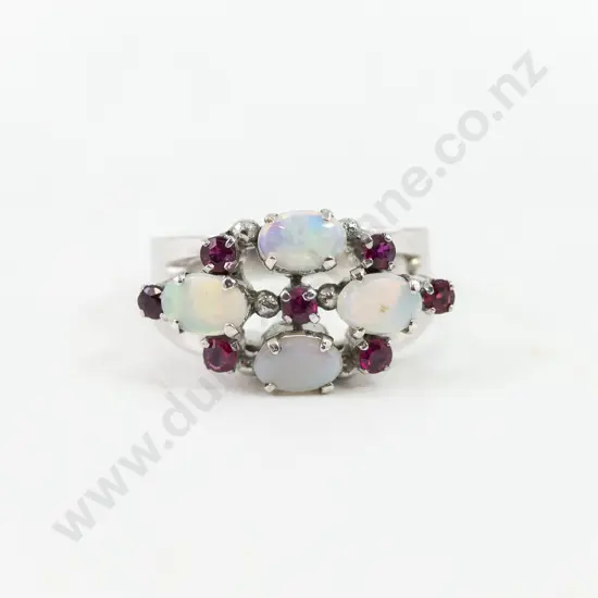 14ct White Gold Eleven Stone Opal and Ruby Dress Ring