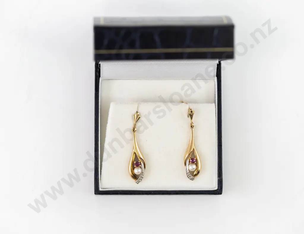 Pair 9ct Three Stone Diamond Ruby and Pearl Pendant Drop Earrings Image 1++