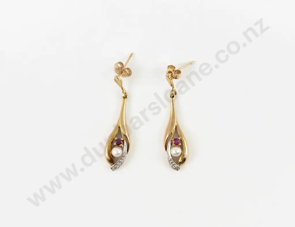 Pair 9ct Three Stone Diamond Ruby and Pearl Pendant Drop Earrings Image 1++