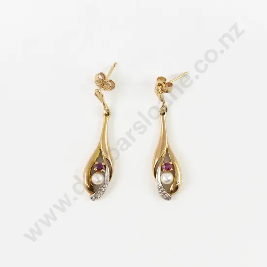 Pair 9ct Three Stone Diamond Ruby and Pearl Pendant Drop Earrings