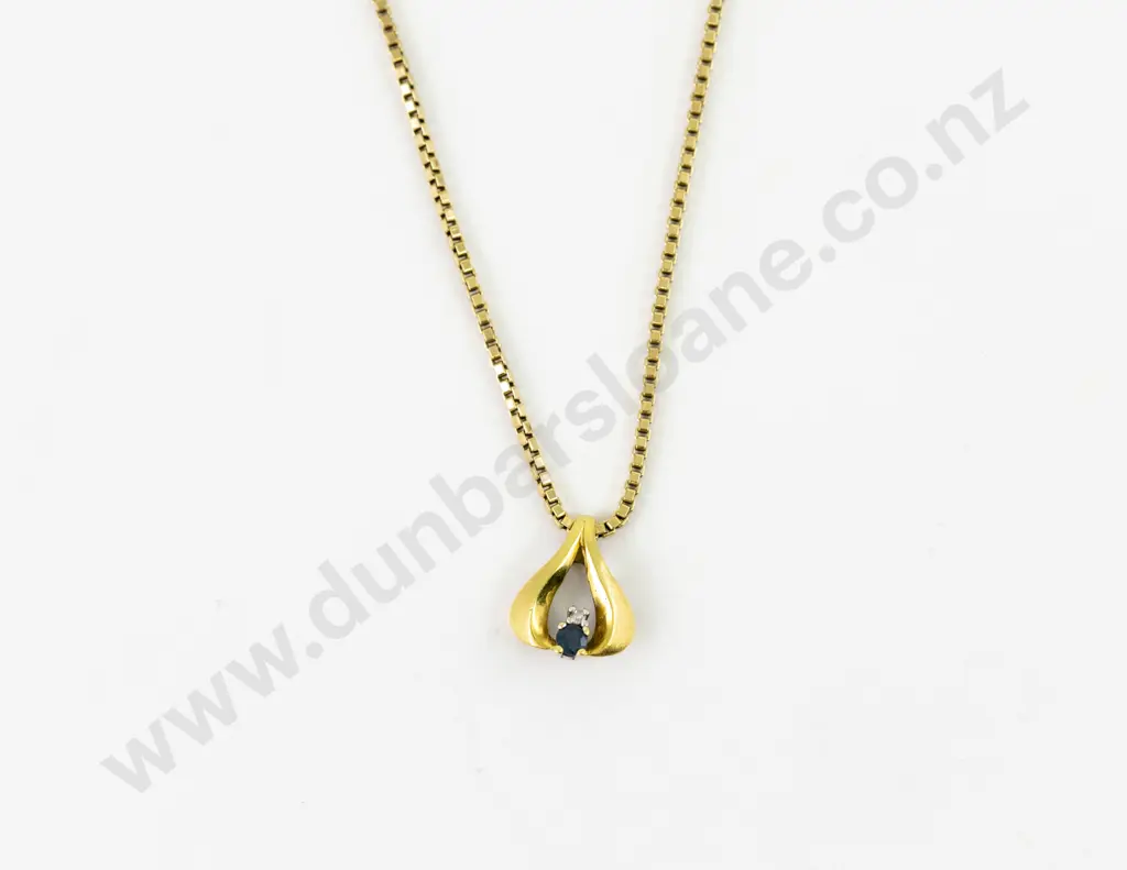 9ct Two Stone Sapphire and Diamond Pendant on 9ct Box Link Neck Chain Image 1++